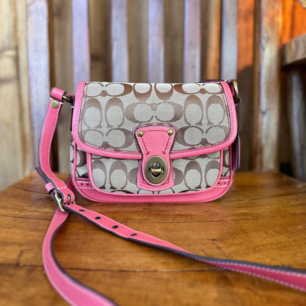 Coach Signature Monogram Canvas Crossbody Bag Pink Leather Trim Y2K